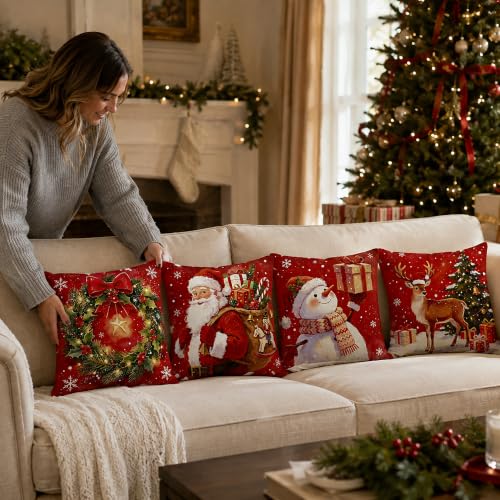 Christmas Pillow Covers 18x18 Set of 4 Santa Claus Snowman Holiday Cushion Cases - Variation of THIS listing