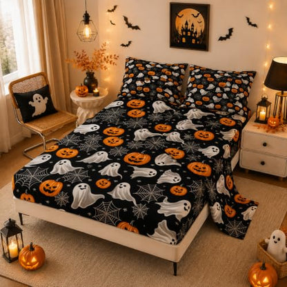 Halloween Ghost Bed Sheets Set Queen Size Deep Pocket Bedding with Pumpkin & Spider Web - Dark Gray/Black