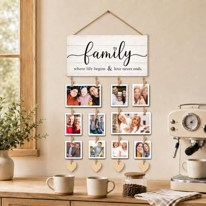 AWSICE Natural Wood Family Photo Frame Hanging Display Wall Decor