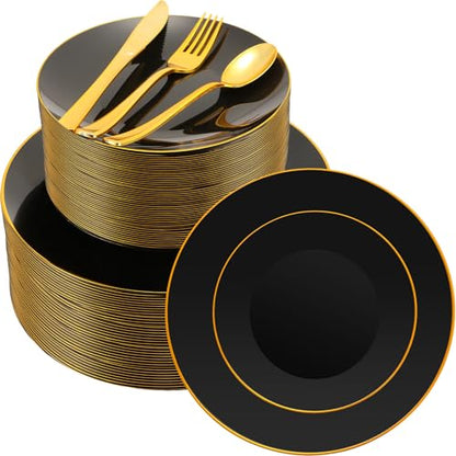 Black and Gold Disposable Dinnerware Set for 50 Guests - Plates, Cutlery & More