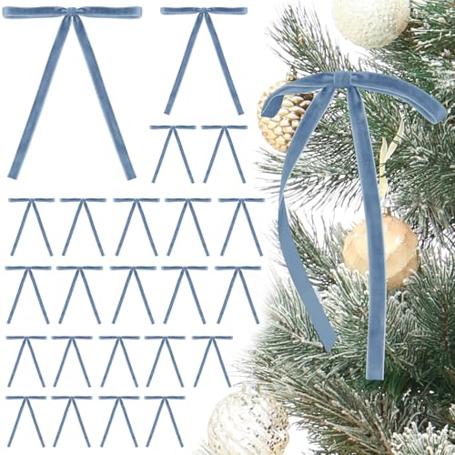 Dusty Blue Velvet Bows for Christmas Tree Decorations Set of 24 - Pre-Tied Holiday Ornaments