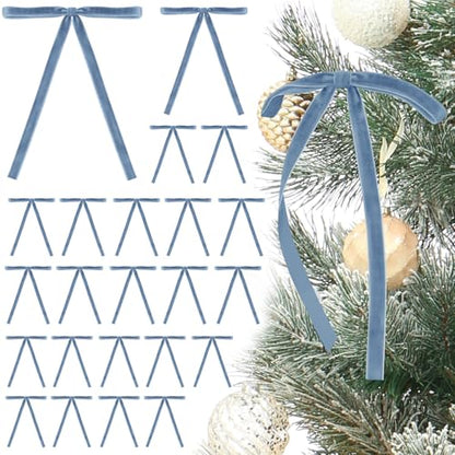 Dusty Blue Velvet Bows for Christmas Tree Decorations Set of 24 - Pre-Tied Holiday Ornaments