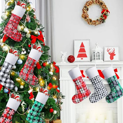 Christmas Stockings Bulk Set 16 Pcs 15 Inch Buffalo Plaid Fireplace Decor