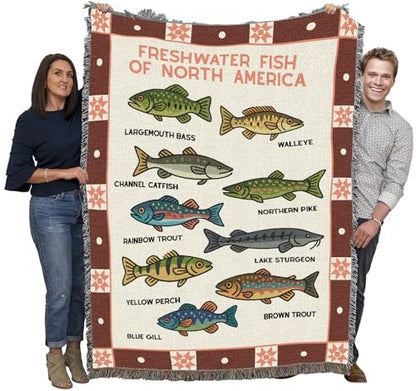 North America Fish Tapestry Throw Blanket - Cotton Woven Cabin Decor 72x54