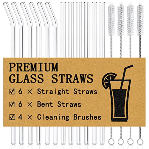 Piteno® 16-Pack Reusable Glass Straws, Clear Glass Drinking Straws, 8.5''x10MM, Set of 6 Straight and 6 Bent with 4 Cleaning Brushes, Perfect for Smoothies, Milkshakes, Juice, Tea