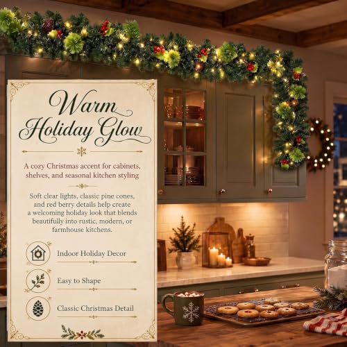 9FT Christmas Garland with Lights for Above Cabinets - Holiday Decor