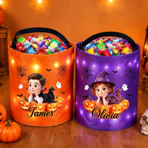 Personalized Halloween Cartoon Character Pumpkin LED Light Bucket for Kids