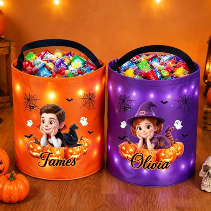 Personalized Halloween Cartoon Character Pumpkin LED Light Bucket for Kids