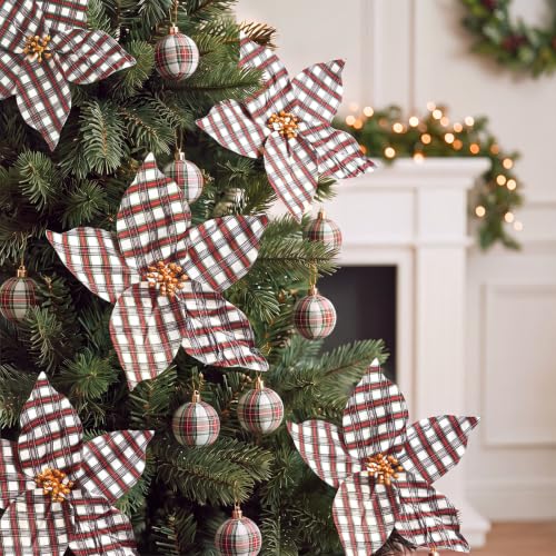 White Plaid Christmas Poinsettia Ornaments - 9 Inch Set of 12 with Gold Beads & Glitter