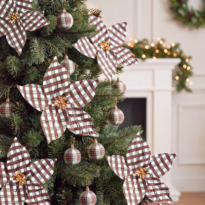 White Plaid Christmas Poinsettia Ornaments - 9 Inch Set of 12 with Gold Beads & Glitter