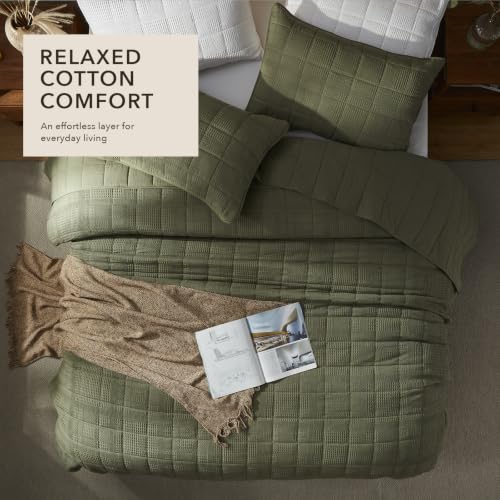 Cotton Waffle Quilt Set - Cal King 118x106 Olive Green, 3 Piece All-Season Bedding