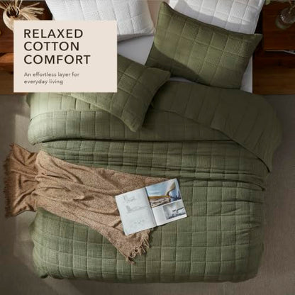 Cotton Waffle Quilt Set - Cal King 118x106 Olive Green, 3 Piece All-Season Bedding