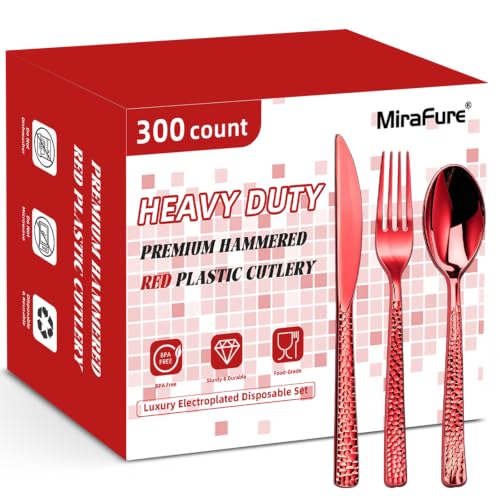 Red Plastic Silverware Set - 300 Count for 100 Guests, Festive Disposable Cutlery with Hammered Design - Variation of 300 Count Red Set