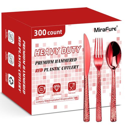 Red Plastic Silverware Set - 300 Count for 100 Guests, Festive Disposable Cutlery with Hammered Design - Variation of 300 Count Red Set