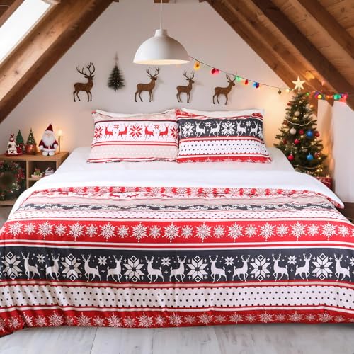Christmas Stripe Polyester Duvet Cover Set Queen Size - Lightweight Breathable Bedding