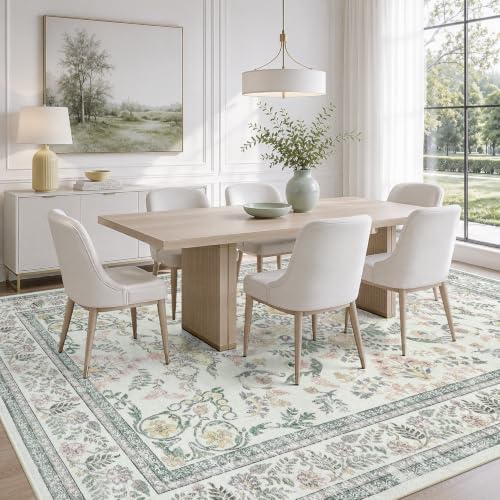 Green and Beige Washable 6x9 Rug - Non-Slip Backing, Soft Cotton Feel, Floral Design - Variation of Green & Multicolor / 6' x 9' (Rectangular)