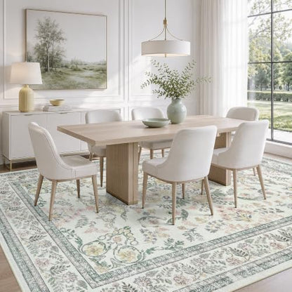 Green and Beige Washable 6x9 Rug - Non-Slip Backing, Soft Cotton Feel, Floral Design - Variation of Green & Multicolor / 6' x 9' (Rectangular)