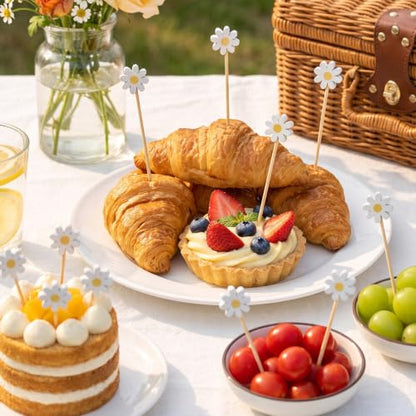 100pcs Bamboo Flower Toothpicks with White Daisy Design for Food & Party Decor