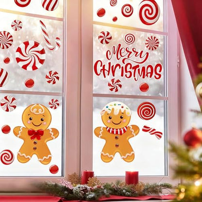 Christmas Window Clings - Reusable Double-Sided Gingerbread Man & Candy Decor - 73Pcs for Holiday Home & Party