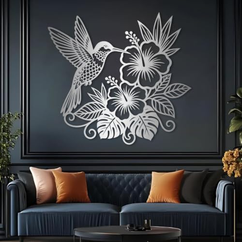 Black Metal Hummingbird Hibiscus Flower Wall Art - Tropical Garden Decor