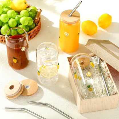 Lemon Icon Glass Tumblers Set with Lids & Straws - 4 Pack, 17 oz