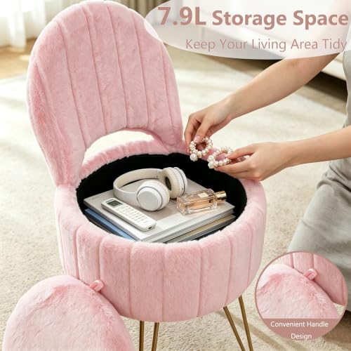 Pink Faux Fur Vanity Stool with Storage and Folding Backrest