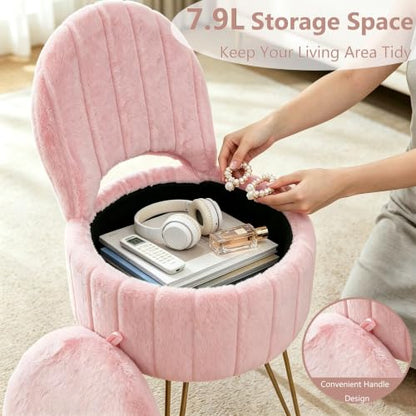 Pink Faux Fur Vanity Stool with Storage and Folding Backrest