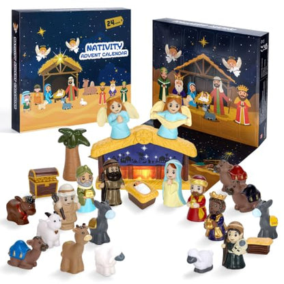 Kids Nativity Advent Calendar with Light Stable - Blue, 24 Days Christmas Countdown