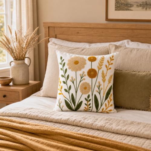 Golden Meadow Embroidered Floral Throw Pillow Cover 18x18 Inch - Pack of 1