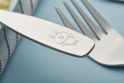 Kids Stainless Steel Flatware Set 6 Pieces - 3 Forks & 3 Spoons, Engraved Dog Bunny (Variation Stainless Steel+1)