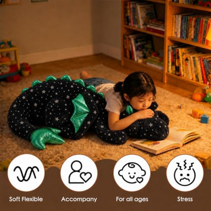 Giant Weighted Dragon Plush Toy - 35.4 Inch Black Green Cuddle Pillow