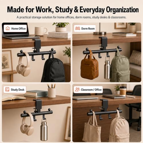 Desk Bag Hook for Desk Black Bag Holder Clamp-On Purse & Backpack Hook