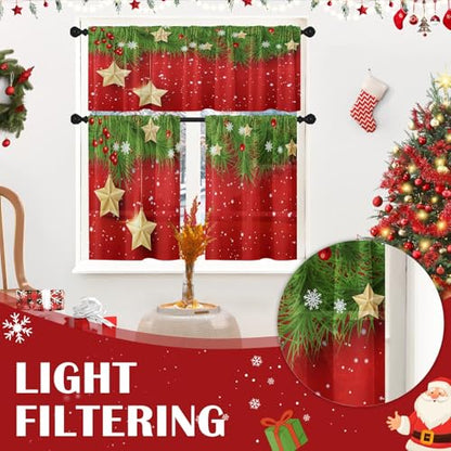Christmas Kitchen Curtains Set Pine Red 52x36 Inch Window Decor with Valance & Tiers