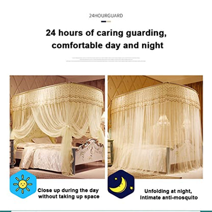 Telescopic U-Shaped Mosquito Net Canopy for King Bed with 3 Doors - White 78.7"W x 90.6"L