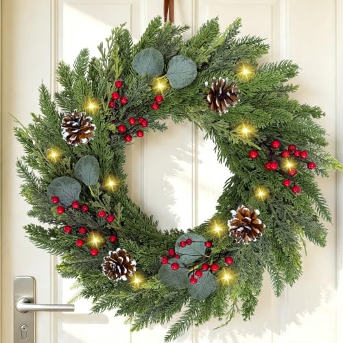 Christmas Wreath 24 Inch with Cedar Pine Foliage, Red Berries & 8-Function LED Lights - Red Green / 1 Pcs