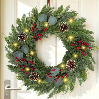 Christmas Wreath 24 Inch with Cedar Pine Foliage, Red Berries & 8-Function LED Lights - Red Green / 1 Pcs