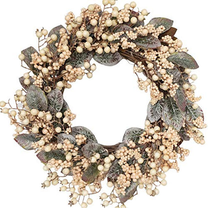 18 Inch Winter Wreath with Magnolia Leaves White Berries Farmhouse Holiday Decor