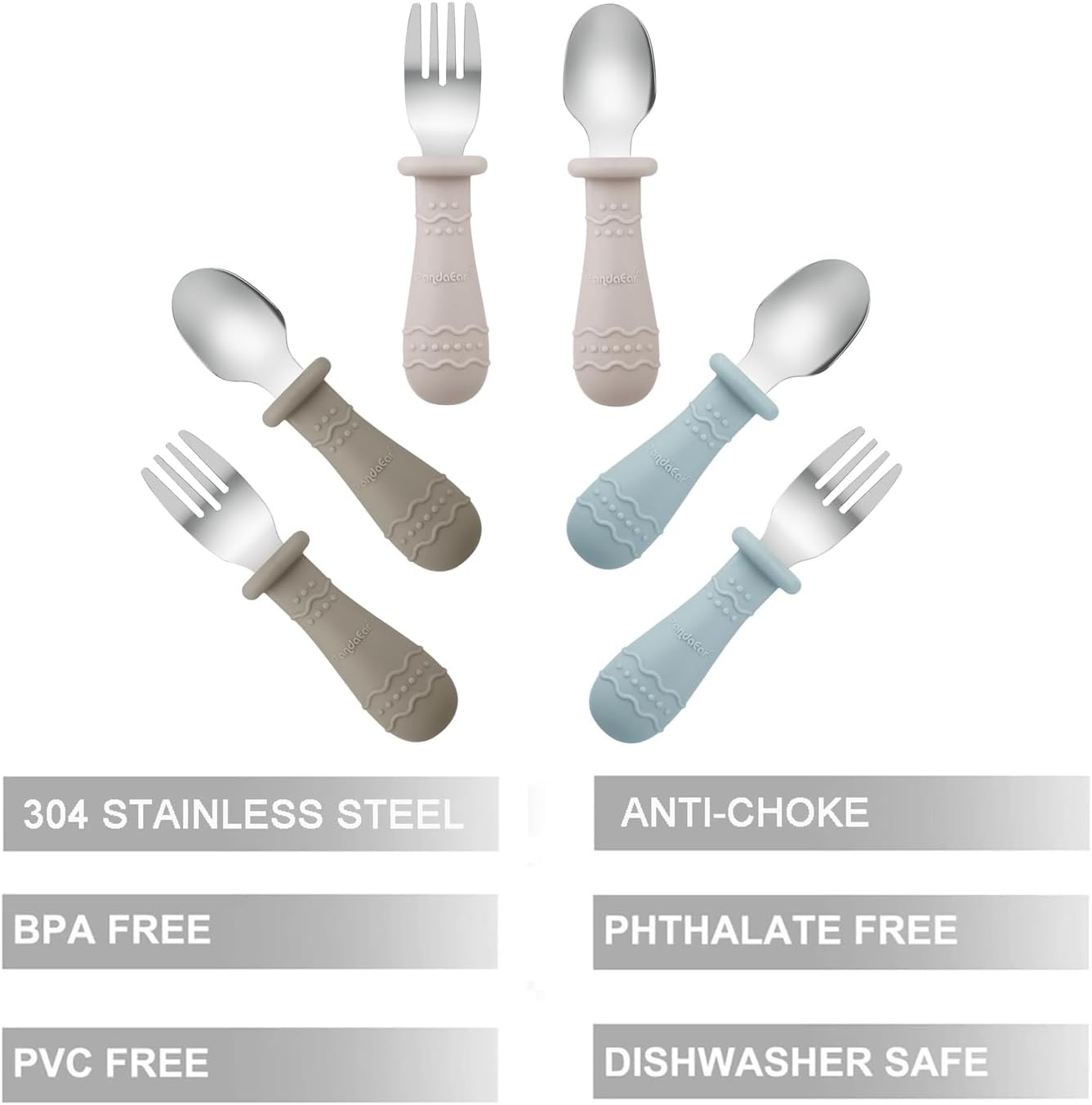 PandaEar Kids Utensils Set - 6 Pack Stainless Steel & Silicone Spoons and Forks | Dishwasher Safe (Light Tan/Walnut/Blue)