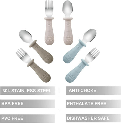 PandaEar Kids Utensils Set - 6 Pack Stainless Steel & Silicone Spoons and Forks | Dishwasher Safe (Light Tan/Walnut/Blue)