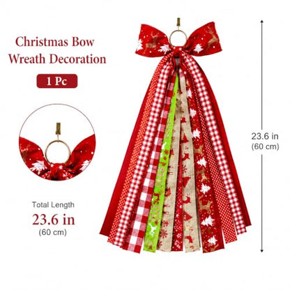 Red Christmas Wreath Bow Plaid Ribbon Door Swag Decor - 23.6in