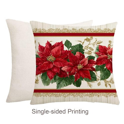 Poinsettia Red Flower Throw Pillow Cover - 18x18 Inch Christmas Decor with Hidden Zipper - Pack of 1