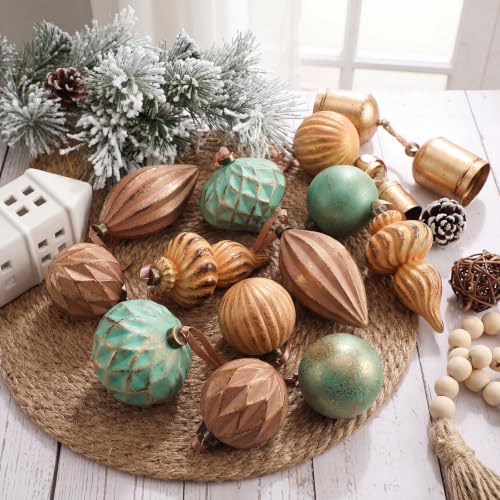 Neutral Christmas Ornaments Set of 12 - Textured Rustic Xmas Tree Decor, Copper, Brown & Green Variations