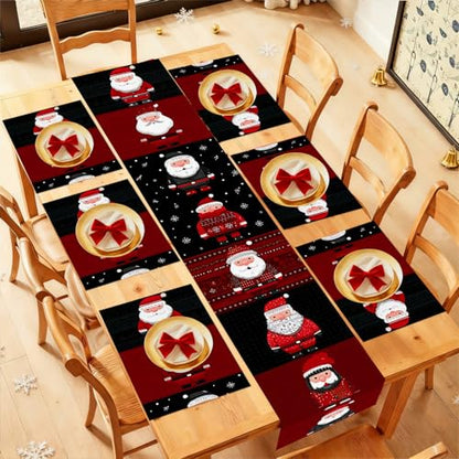 Christmas Table Runner and Placemats Set with Santa Claus Variation - 7 Pieces, Buffalo Plaid, Snowman, Deer, Holiday Kitchen Decor