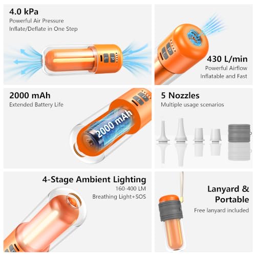 Orange Portable Air Pump for Inflatables with 5 Nozzles - Fast Inflation & Deflation