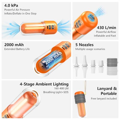 Orange Portable Air Pump for Inflatables with 5 Nozzles - Fast Inflation & Deflation