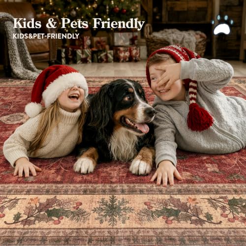 Christmas Rug 5x7 Red Washable Holiday Rug for Living Room & Bedroom - Vintage Design