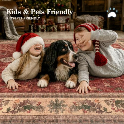 Christmas Rug 5x7 Red Washable Holiday Rug for Living Room & Bedroom - Vintage Design