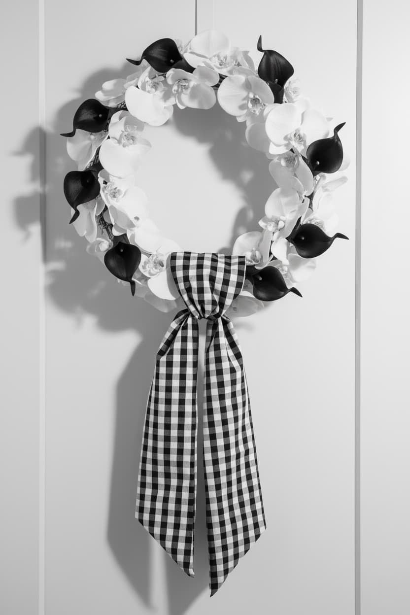Regine Switzerland Black & White Plaid Wreath | Elegant Front Door Decoration for Holidays & Events
