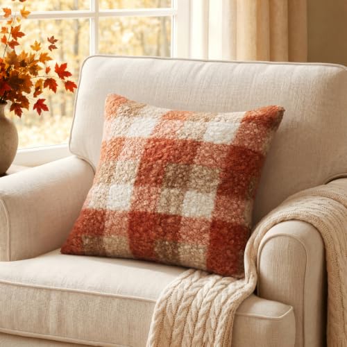 Fall Plaid Pillow Covers Set of 2 18x18 Inches Boucle Orange Rustic Farmhouse