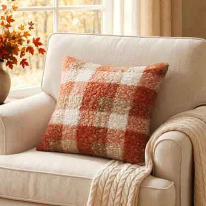 Fall Plaid Pillow Covers Set of 2 18x18 Inches Boucle Orange Rustic Farmhouse